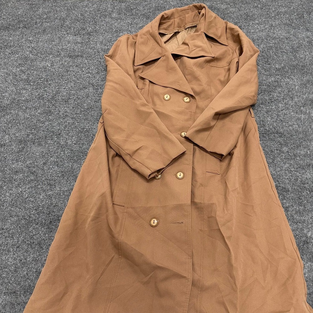 ILGWU Trench Coat Womens Size 12 Brown Double Breasted Vintage Longline Jacket